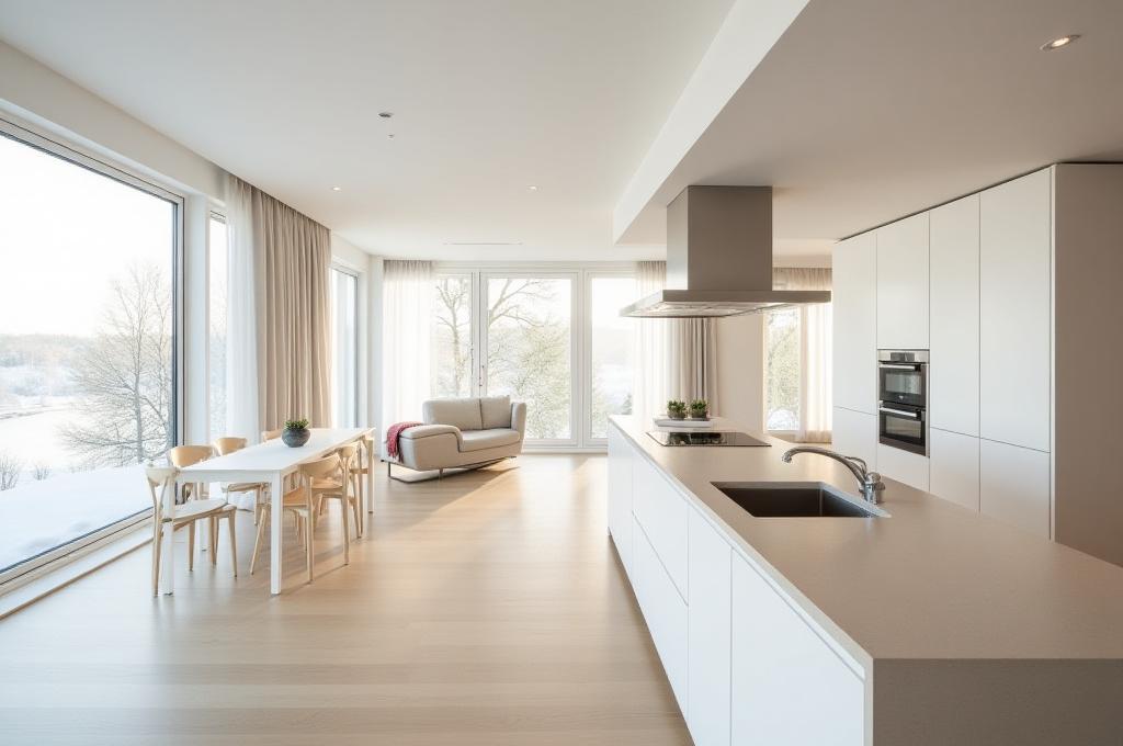 Modernt och minimalistiskt kök i Kiruna Villa med naturligt ljus