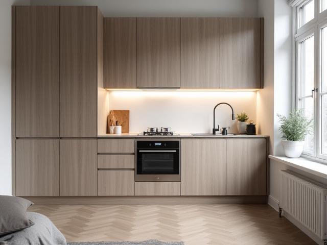 Modernt kök med skandinavisk design och trädetaljer i en lägenhet i Luleå.